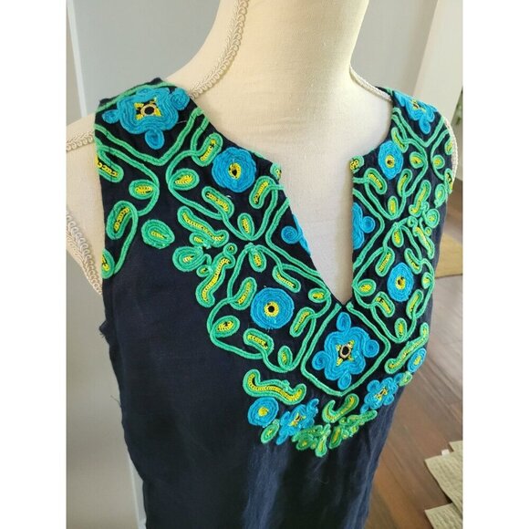 J.Crew Shift Dress Embroidered Button Back Sleeveless Blue Linen Resorts New XS - Picture 2 of 8